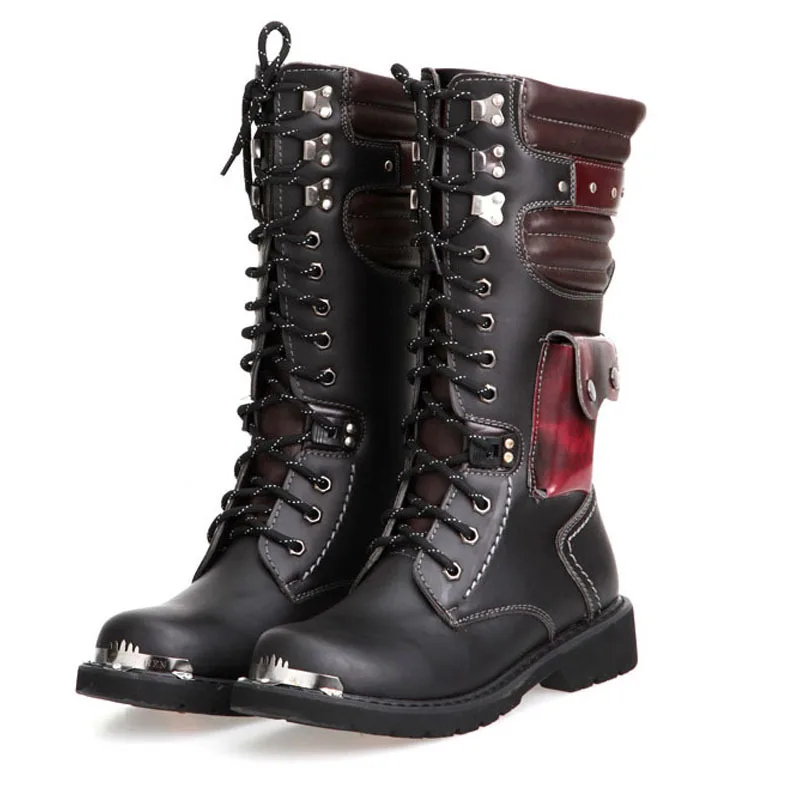 

Shoes Men Buckle Lace Up High Combat Boots Fashion Mens Shoes British Metal Military Motorcycle Boots HH-878