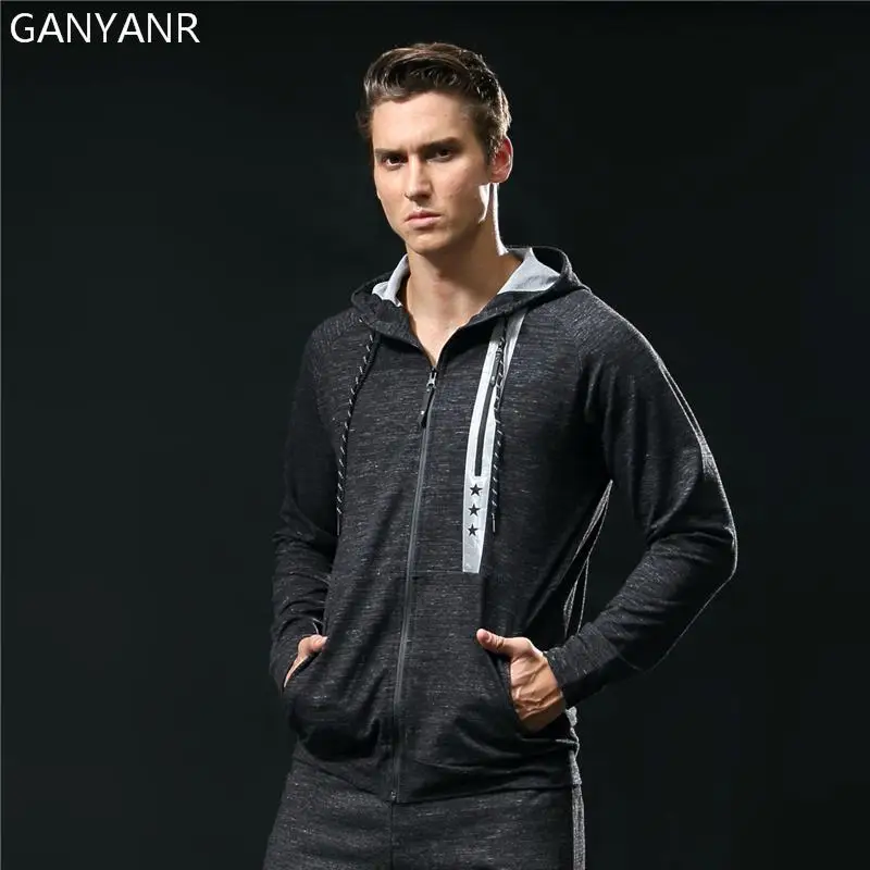 Ganyanr бренд Бег куртка Для мужчин Спорт Quick Dry с капюшоном ветровка Фитнес ветрозащитный Спортивная дышащая зимняя Открытый тренажерный зал - Цвет: Черный