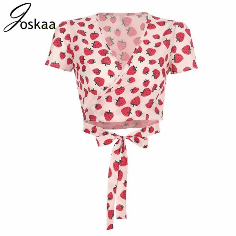 

Joskaa V Neck Pink Strawberry Print Shirt Wrap Cardigan Fashion Tie up Cropped Summer Women Tops Clothes