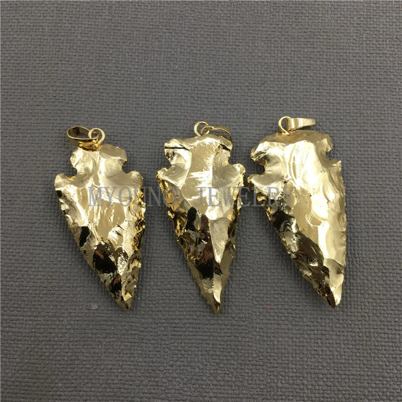 Colgante de collar con forma de flecha, jaspe, Druzy, revestimiento de oro puro de titanio, Punta rugosa, gemas, piedra, fabricación de joyas, MY0419
