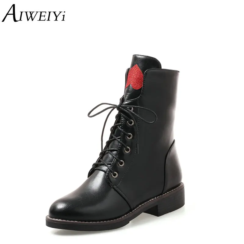 

AIWEIYi Lace Up Ankle Boots for Women Soft PU Leather Round toe Square Heel Low Heels Martin Boots Black Winter Shoes Woman