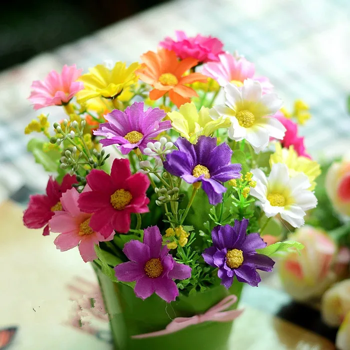 HI Q NEW 1set mini cute iron vase + silk flowers artificial flower set home decoration mini