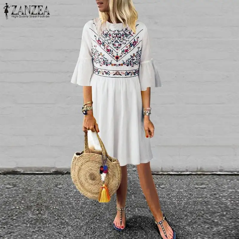 White 2 Женское летнее платье, ZANZEA, длинное, макси, сарафан, винтажный принт, Vestidos, Повседневное платье, женские вечерние платья для пляжного отдыха - Цвет: White 2