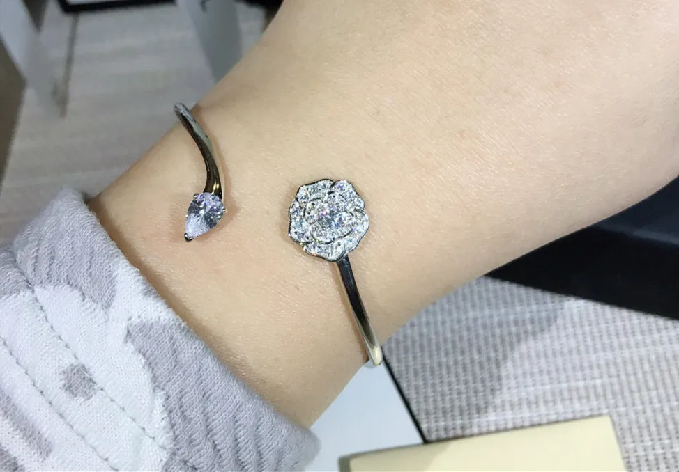 

Pure 925 Sterling Silver Jewelry hollow camellia bangle For Women Wedding zircon party flower bracelet famous brand jewelry