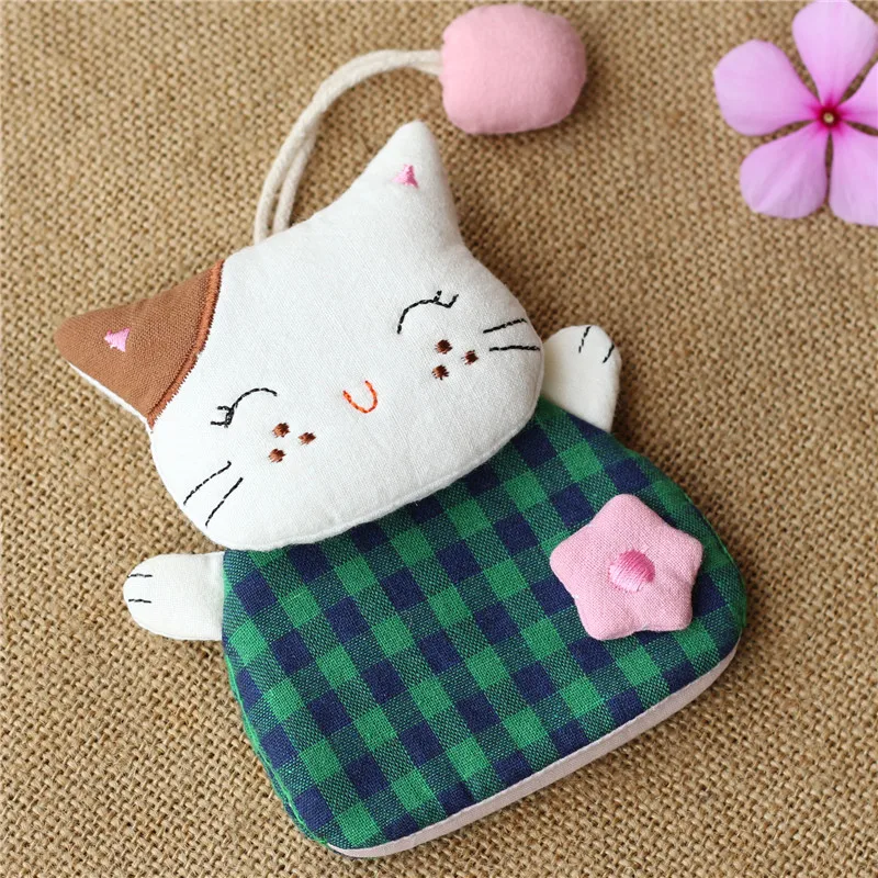 

Cute Women Key Wallets Cotton Green Kitty Handbag Normcore Drawstring Soft Handle Casual Mini Handbag Birthday Gift Bolso