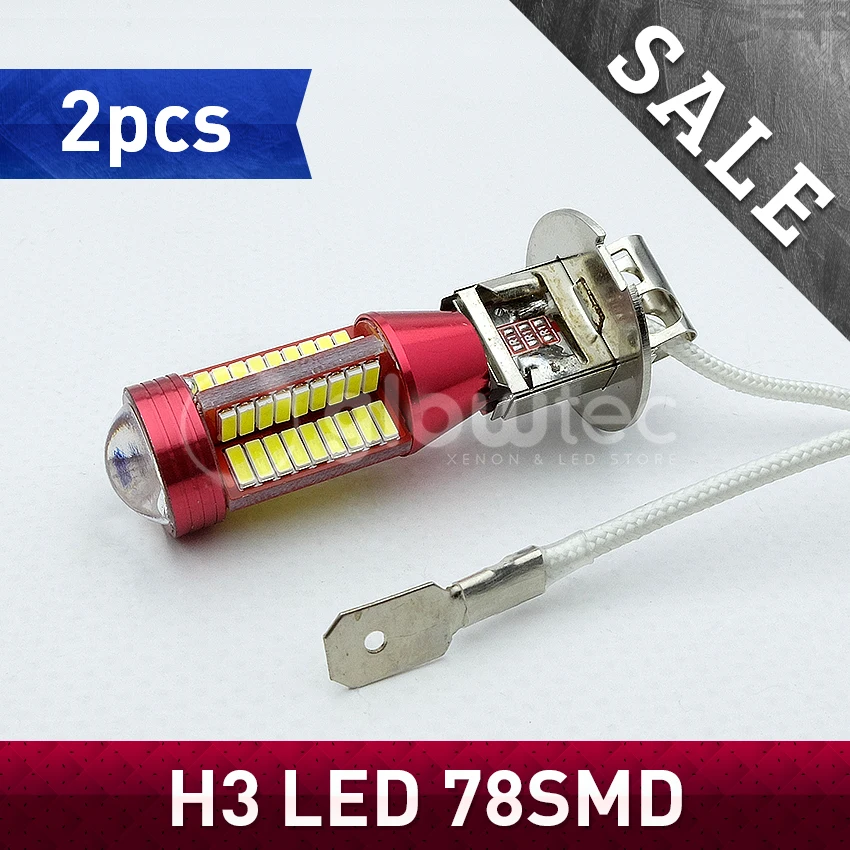 

SALE 2 pcs LED H3 78 SMD 4014 lens LED Headlight Lamp 78smd Bulb external Fog light lamps White 12V to 18V GLOWTEC
