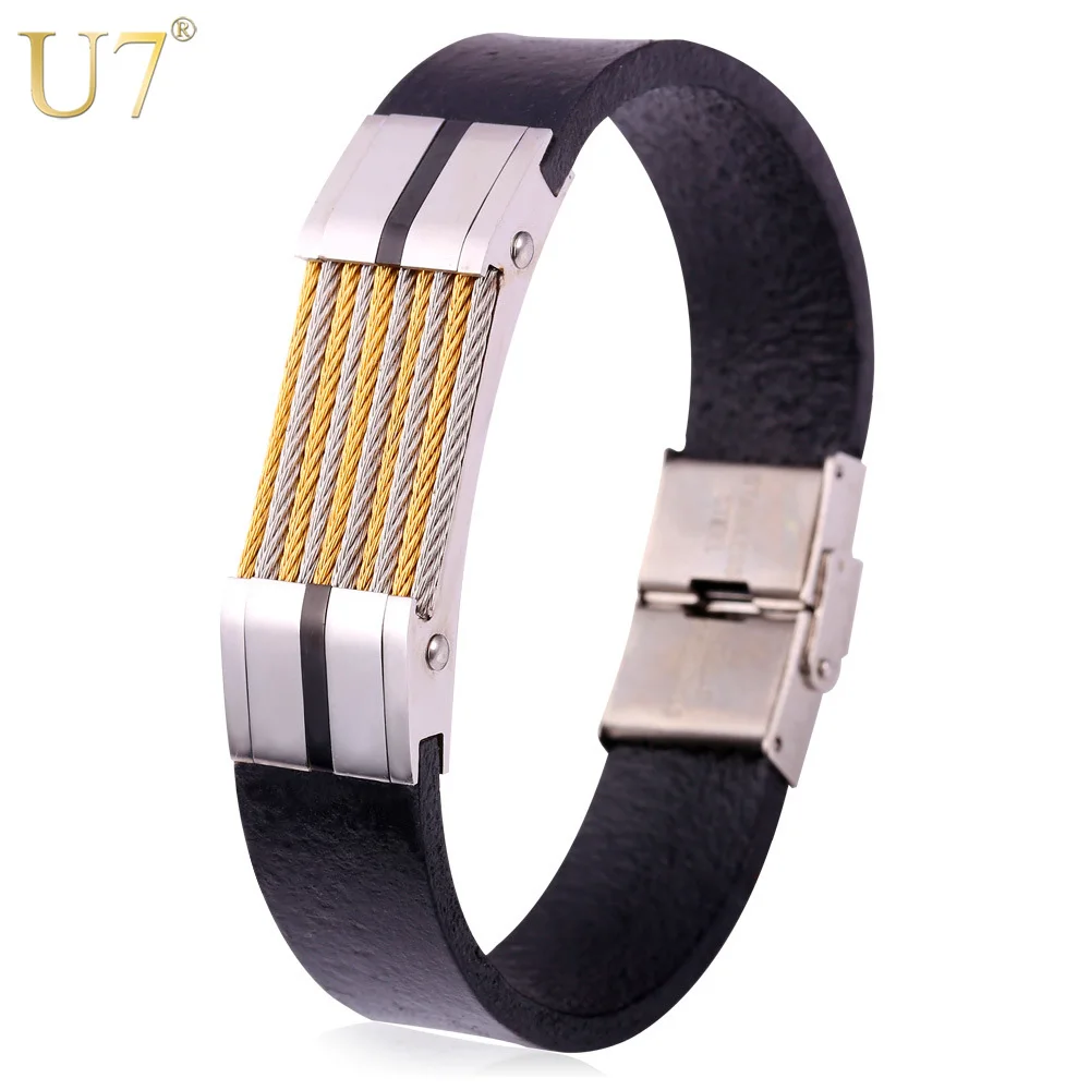U7 Genuine Leather Bracelet Men Jewelry Fashion New Stainless Steel Rock Mens Bracelets