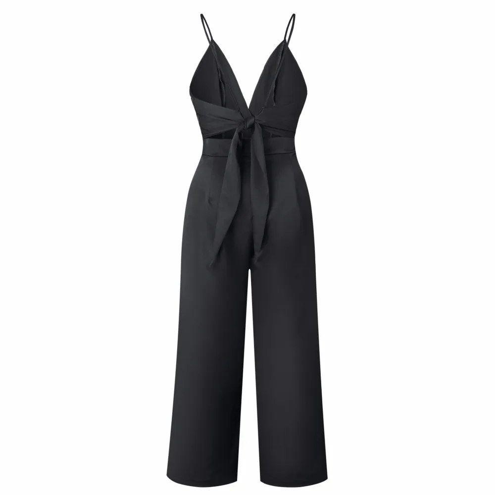 Strap Backless Black Bow Flare Leg Beach Loose Jumpsuit