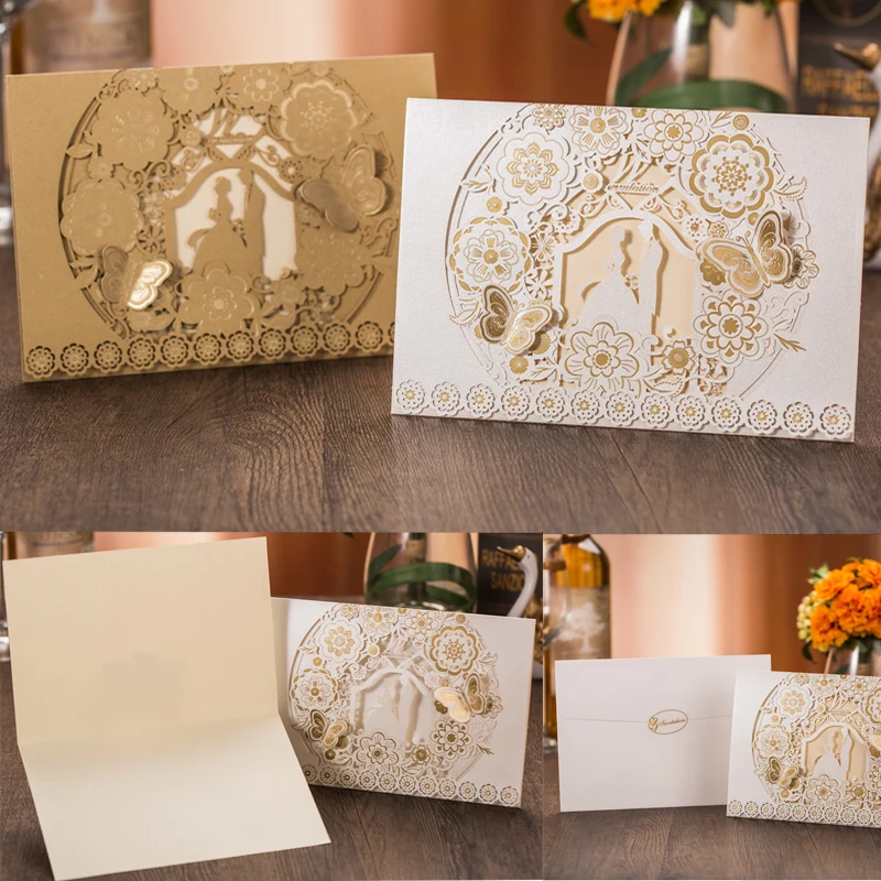  50Pcs Laser Cut Wedding Invitation Card Bride And Groom Marriage Greeting Card Customized Envelopes - 32993526916