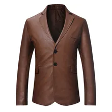 Европейский размер зима мужской блейзер с двумя пуговицами, приталенная Мужская Черная куртка из искусственной кожи, повседневный модный мужской блейзер с длинным рукавом