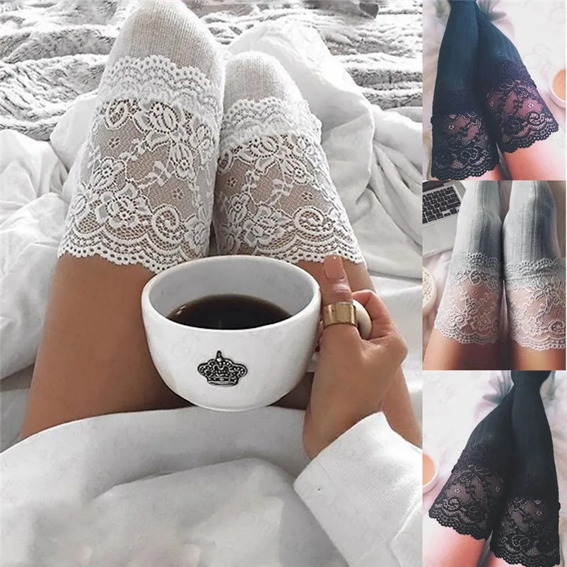 Women socks sexy Lace Trim Thigh High Over Socks Long Cotton Warm Stockings winter long socks high knee medias de mujer N07 (4)