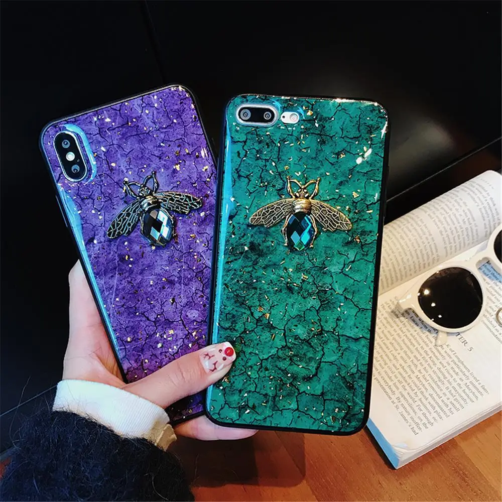 

For iphone 7 8 Plus 6 S 6s Bling Bee With Wing Cover for iphone XS MAX XR X Luxury Glitter Green Diamond Crack Marble Phone Case