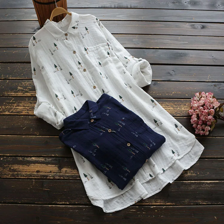 

5628 new spring women Blouse simple Japan Style printing Long sleeve turndown Collar cotton Blouse women Literary shirt top