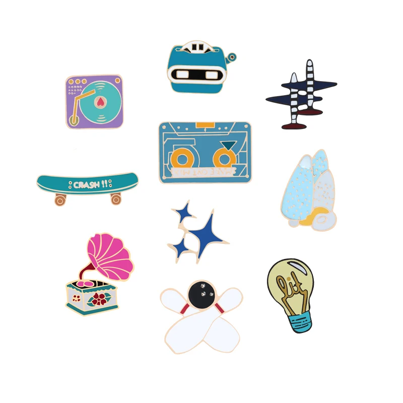 

Cartoon Cute Lapel Metal Brooch Pin Airplane Recorder Tape Horn Stars Denim Badge Jewelry Brooches Enamel Pins Boy Girls Gifts