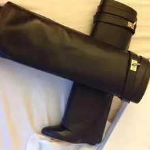 Большой размер 10 реальные фото осенние черные кожаные сапоги до колена на танкетке Shark Lock высококачественные зимние женские высокие сапоги с ремешком