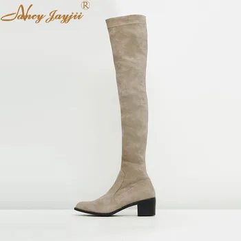 

Flock Women Shoes Adult ladies Black Boots Metal-Decoration Over-the-knee Lace-up Square heel Zipper Winter Solid Leisure 2019