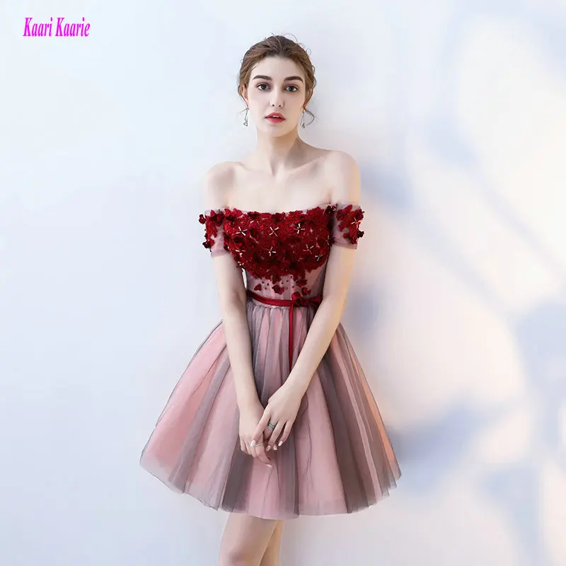 

Fashion Colorful Prom Dresses 2019 Sexy Porm Gowns Short Custom Made Boat-Neck Appliques Beading Knee-Length Prom Party Dress