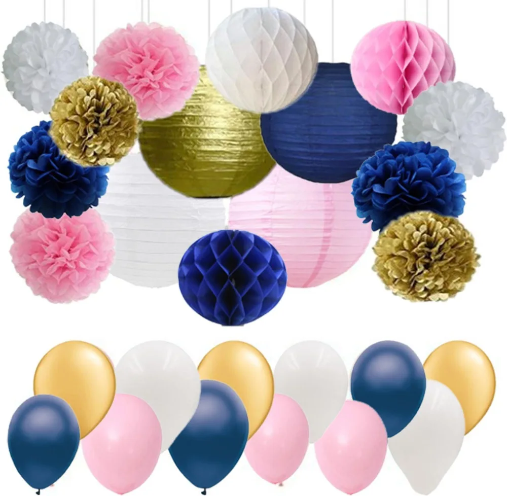 

55pcs Mixed Navy Blue Pink White Gold Tissue Paper Pom Poms Paper Lanterns Balloon for Wedding Baby Shower Birthday Party Decor