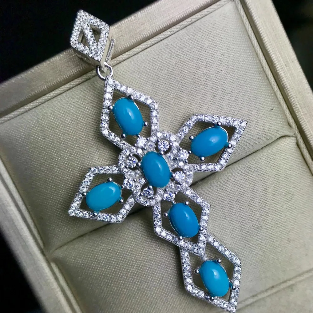  Naturel bleu turquoise croix pendentif colliers pierre naturelle pendentif S925 argent élégant femm