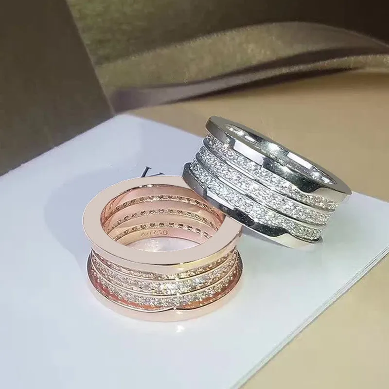 

Luxury new 316L Stainless steel Three row Spring full grain drill and CZ ring 18K rose gold thread wedding ring couple jewelry