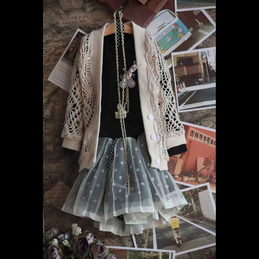 

Bybrana New BJD SD Doll clothes set Beige long cardigan top + black T-shirt + pleated skirt 1/2 1/3 1/4