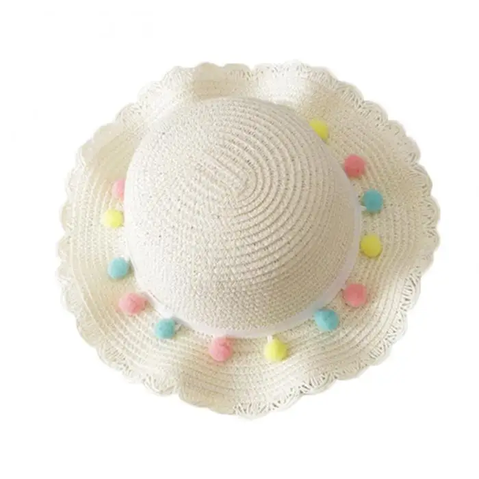 Lovely Hat Bag Set Wavy Straw Hats Colored Balls Cap Single Shoulder Bag for 2-8 years old girls Spring Summer Beach ZJ55