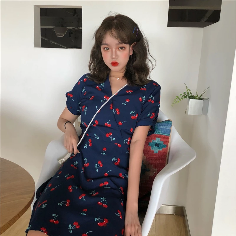 

Vintage V-neck High Waist Cute Cherry Dress Women's Lovely Dresses Ins Chic Kawaii Girl Sweet Harajuku Punk Clothes For Women