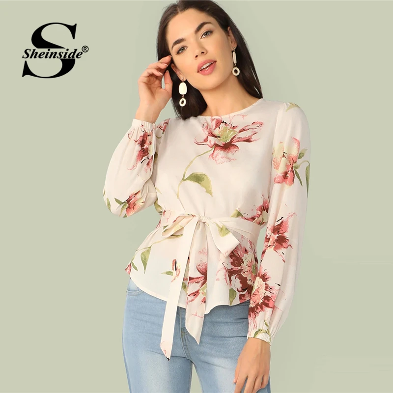 

Sheinside Floral Print Belted Curved Hem Blouse Women 2019 Summer Round Neck Elegant Ladies Blouse Long Sleeve Boho Blouses