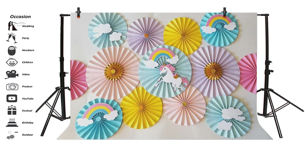 Laeacco Unicorn Rainbow Paper Flower Decor Party Baby Photography Backgrounds Customized Photographic Backdrops For Photo Studio