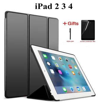 

Silicone Soft Back PU Leather Case for iPad 2 3 4 Case Stand with Auto Sleep/Wake Up Smart Cover for iPad 3 4 2 Case+Film+Pen
