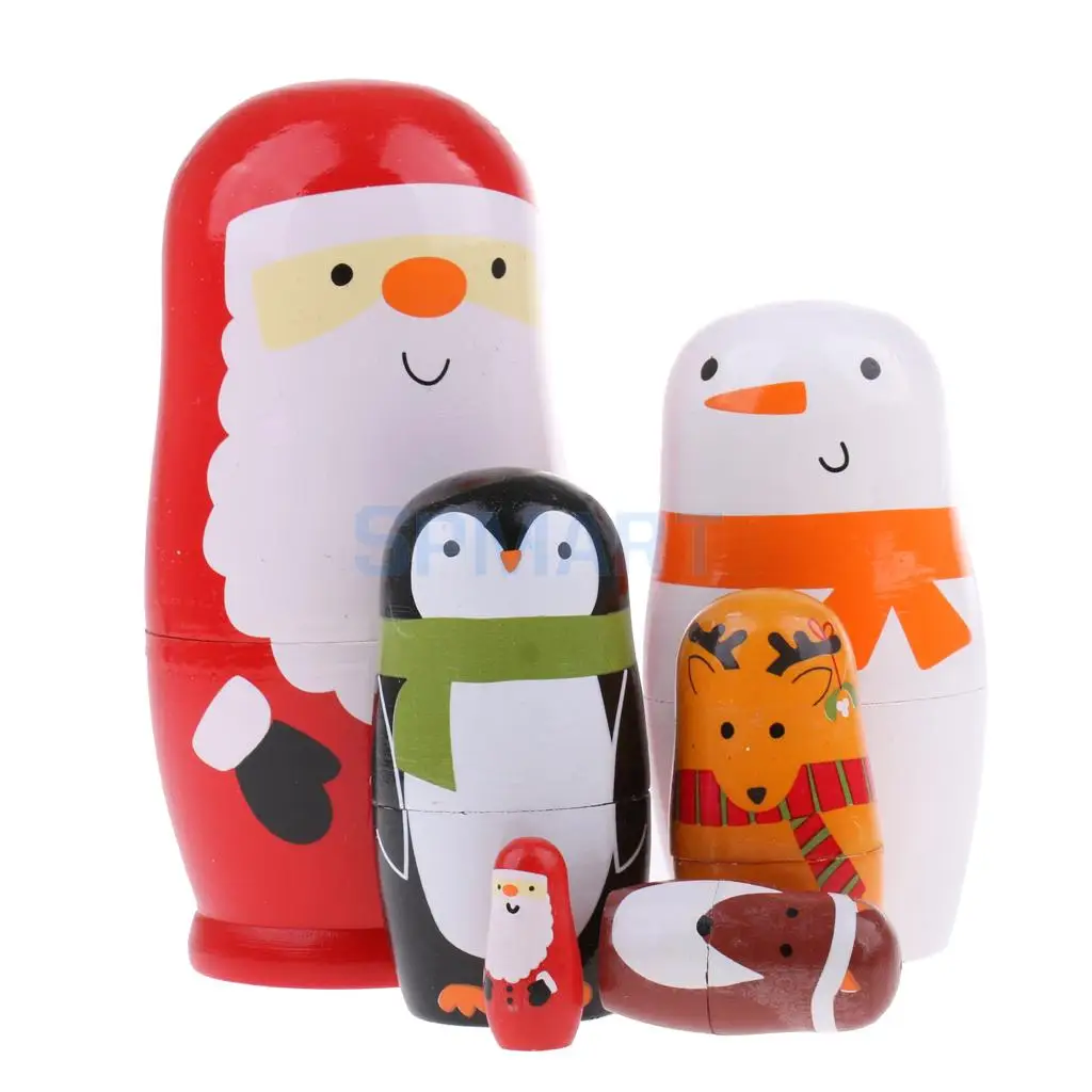6Pcs Cute Hand Painted Wooden Russian Nesting Babushka Matryoshka Santa Claus Dolls Home Office Decor Christmas Gift