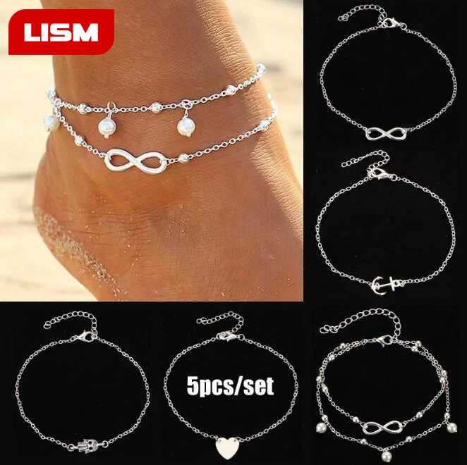 5PCS Summer Style Gold/Silver Color Layered Chain Infinity Charm Anklets For Women Ankle Bracelet on the Foot halhal enkelbandje 5PCS Summer Style Gold/Silver Color Layered Chain Infinity Charm Anklets For Women Ankle Bracelet on the Foot halhal enkelbandje
