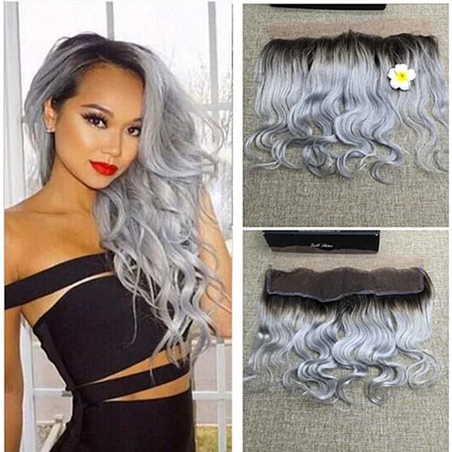 Full Shine Human Hair Lace Frontal Ombre Color 1B Silver Dip Dye Real