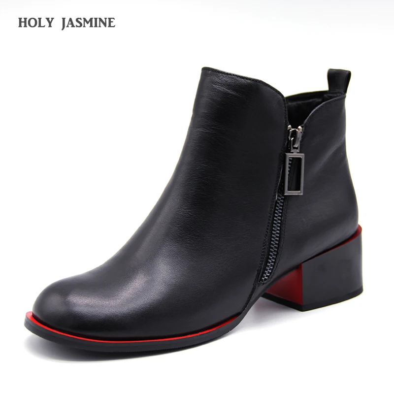 2018 Winter Square heel Round Toe Women Genuine Leather Buckle Ankle Boots Kitten Heel Oxford Boots Side Zipper Casual Shoes