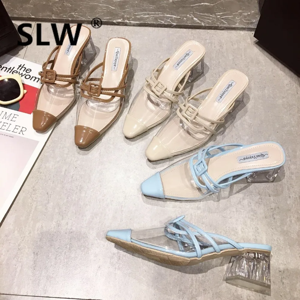 

2019 new design crystal heel mules women spring summer slides brand shoes female gladiator sandals Dress Party Slides lady