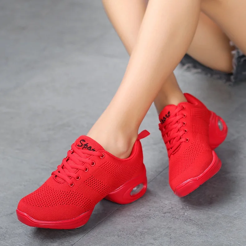 

New women's breathable air mesh square dance shoes Jazz shoes red white black air cushion soft bottom dance sneakers size 34-41
