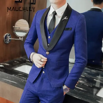 

3 Pieces Wedding Suits for Men Slim Fit Royal Blue Jacquard Flowers Mens Suit Vest Pants Black Terno Masculino Mauchley 2018 New