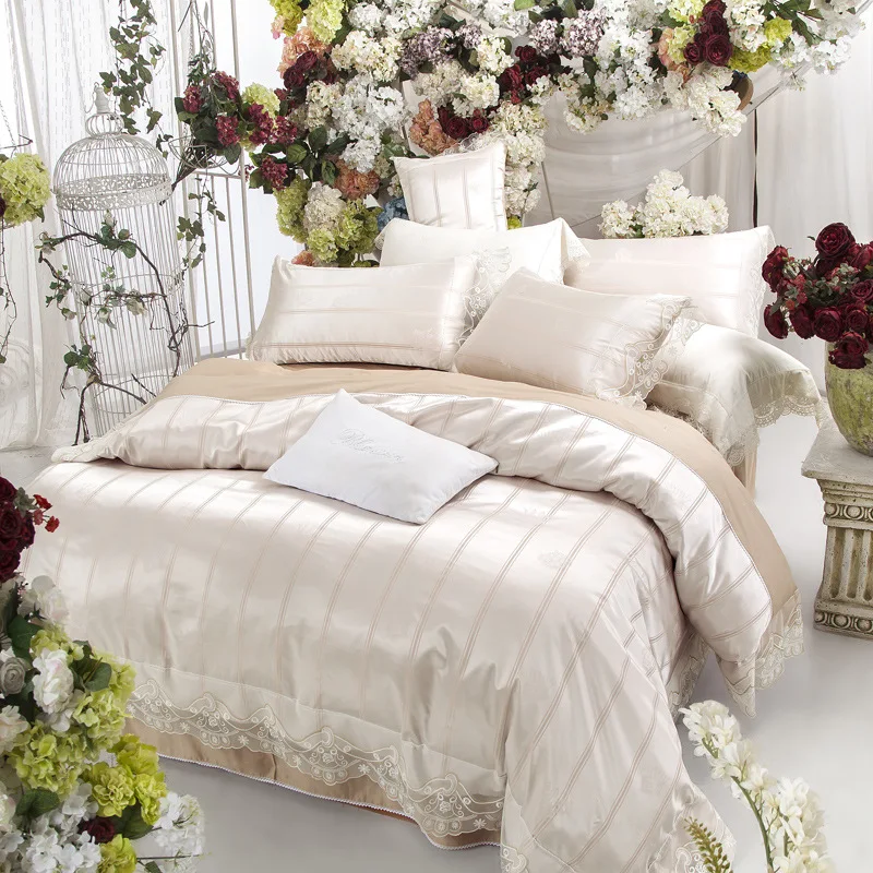 New luxury cotton tencel satin silk lace edge bedding sets bed sheet