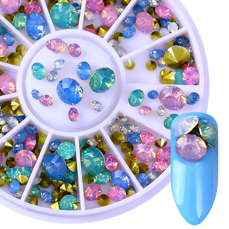 

1 Box Opal Nail Rhinestone Colorful Multi-size Sharp Bottom Manicure 3D Nail Art Decoration in Wheel for UV Gel Polish DIY