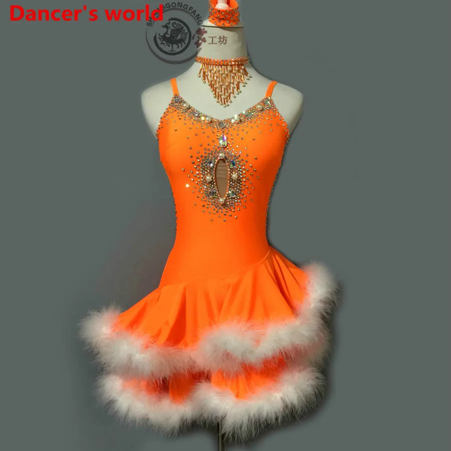 Стиль, костюм для латинских танцев, сексуальное платье для латинских танцев со стразами и перьями, женское платье для латинских танцев, платье для соревнований, S-4XL, F80 - Цвет: Оранжевый