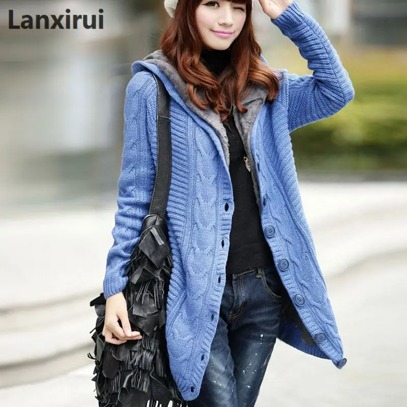 Lady Winter Hooded Fleece Liner Cashmere Cardigan Knitted Sweater Coat Women Thick Warm Long Sleeve Knit Weave Long Jacket Tops