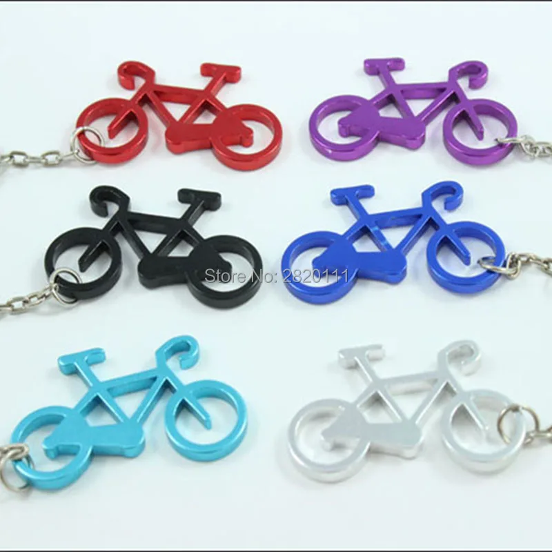 

Wholesale-12Pcs Bicycle Bottle Opener Keychain Aluminum Alloy Beer opener Promotion Keyring Gift Customize Logo- free shipping