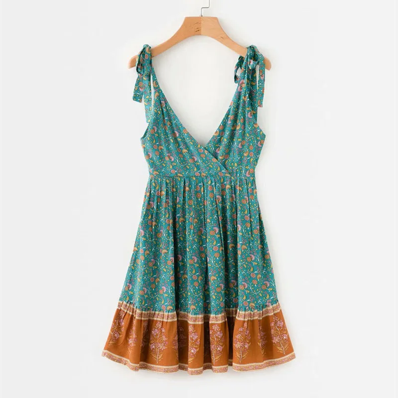 

Summer Floral Dress Spaghetti Sexy V Neck Backless Dresses Women Summer Sundress Boho Beach Party Vestidos