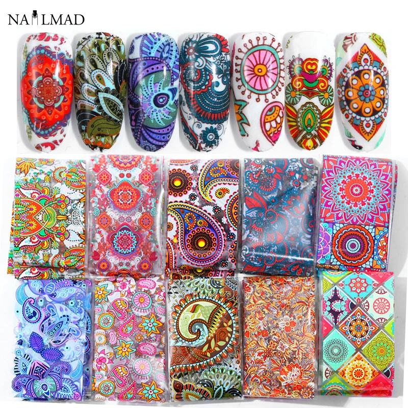 

10pcs 4*20cm Paisley Colorful Nail Foils Nail Art Transfer Sticker Decal Mandala Slider Decals DIY Nail Tips Decorations