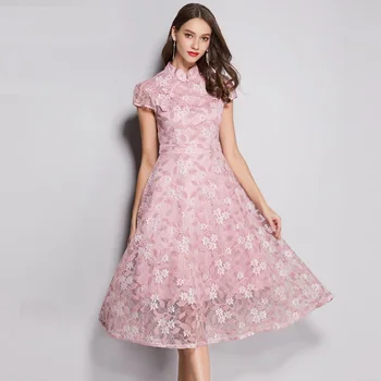 

China style Summer elegant lace long dress mandarin collar pinched waist party dress cultivating plus size longos vestidos XXXXL