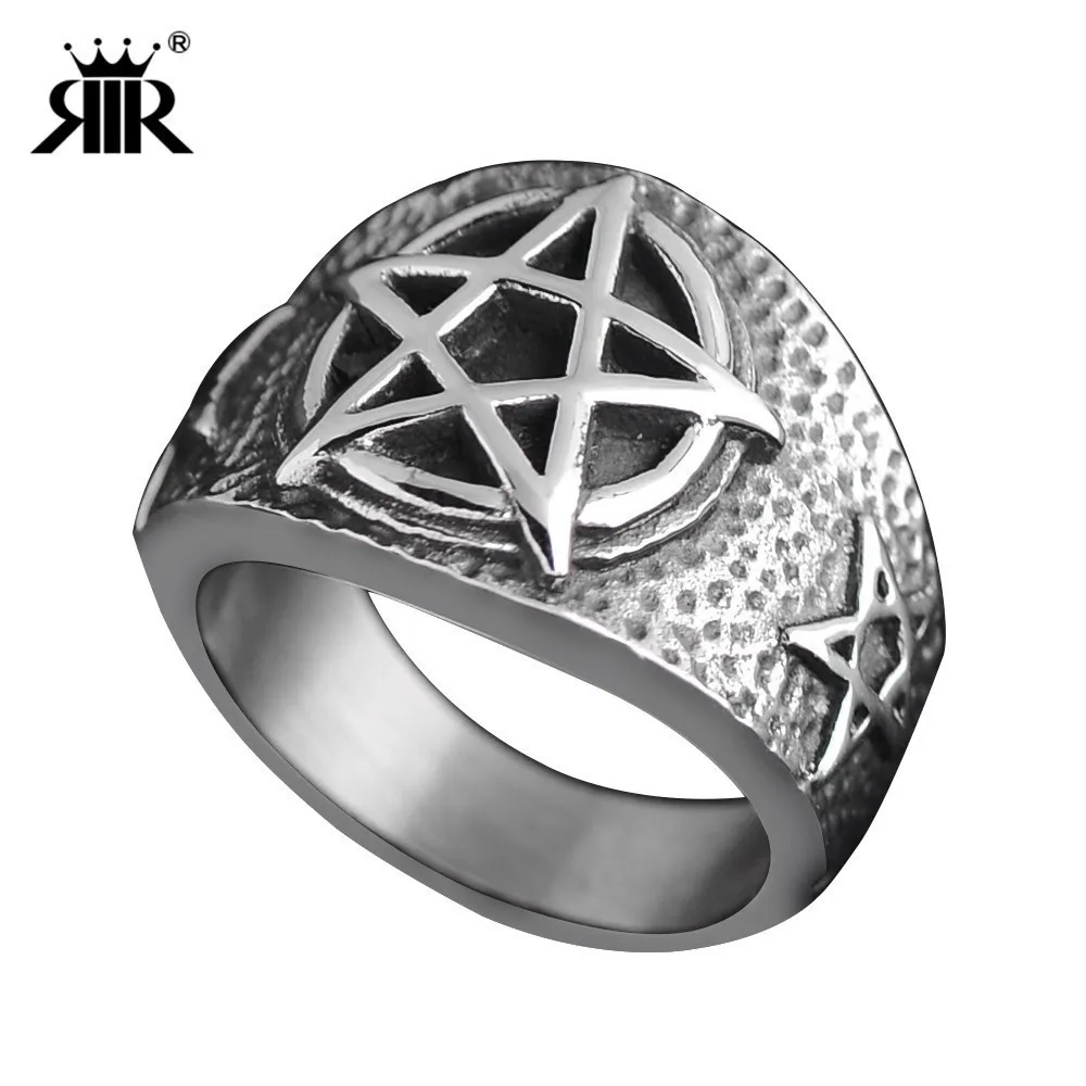 

RIR New Store Retro Stainless Steel Wicca Ring High Quality Pentagram Punk Gothic Biker Style Ring For Men Fashion Jewelry Gift