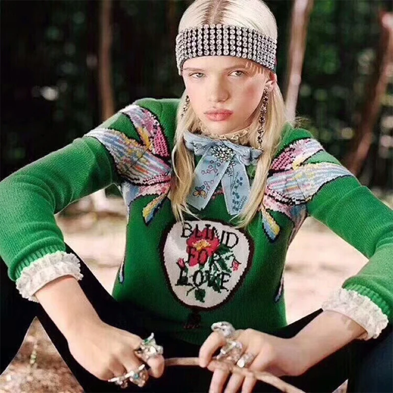 2018 Autumn Winter Green Knitted Sweaters Pullovers Women Runway Designer Double Fish Female Ladies Christmas Jumper Clothes