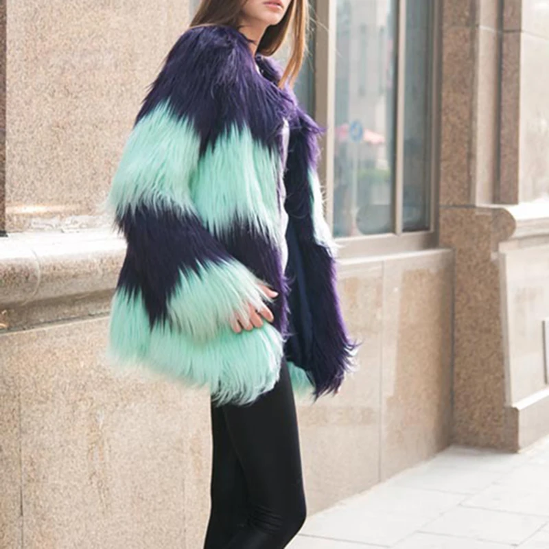 Tops Picture Manches Long Fausse Fourrure Artificielle En Femelle Manteau Mode Color De Manteaux Chaud Veste Femmes Patchwork D'hiver Outwear 2017 vUtFSF
