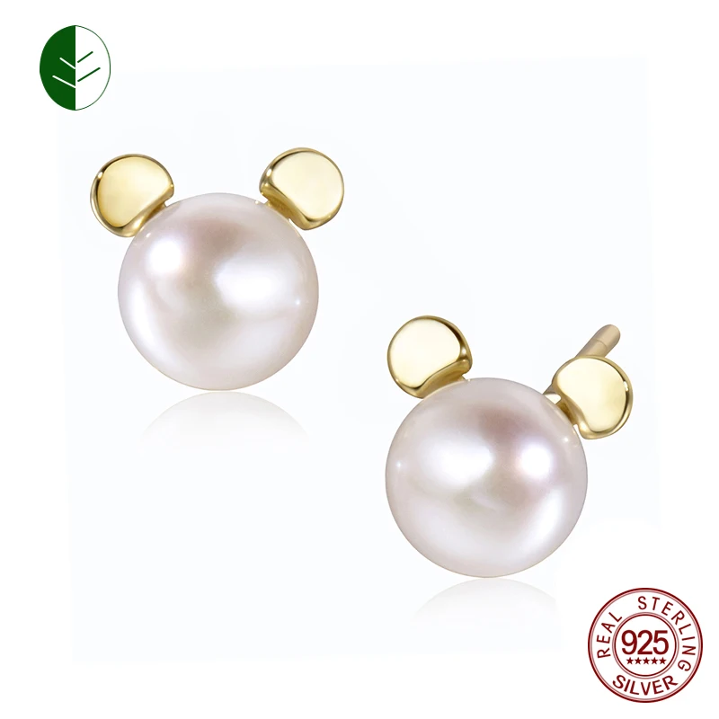 925 Sterling Silver Cute Cat Stud Earrings Natural Freshwater Pearl Studs Mouse Animal Fashion Lovely Women Girls Gifts | Украшения и