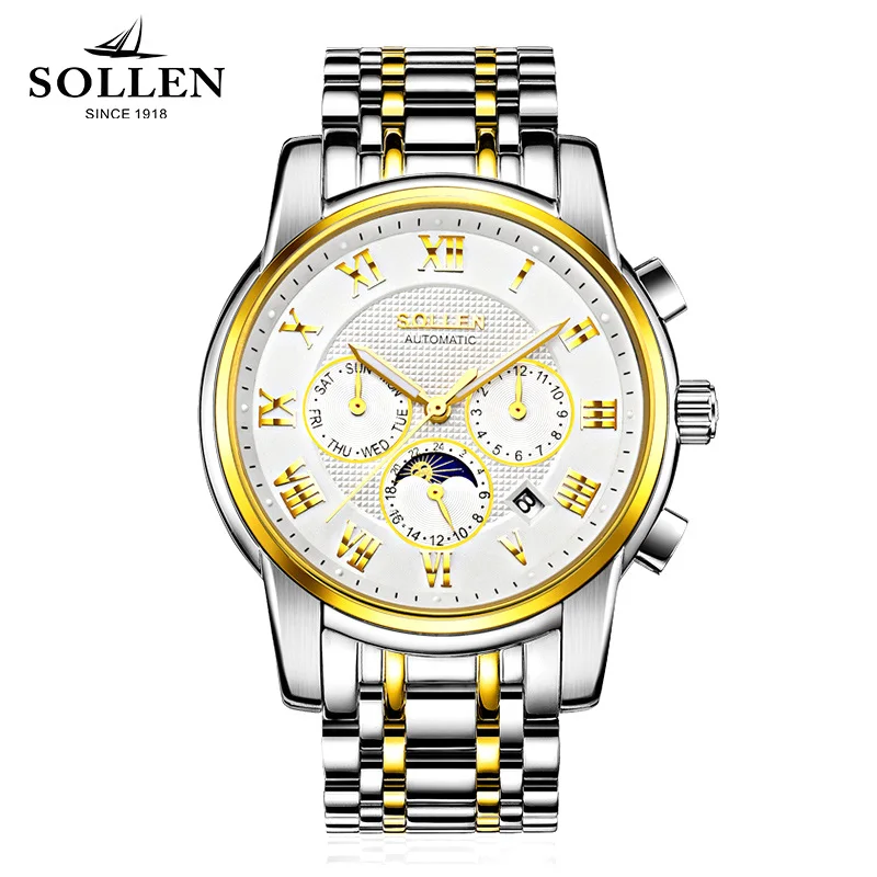 

Relogios Homens SOLLEN Men Watch multi-function automatic mechanical watches steel waterproof hollow clock wristwatches gift